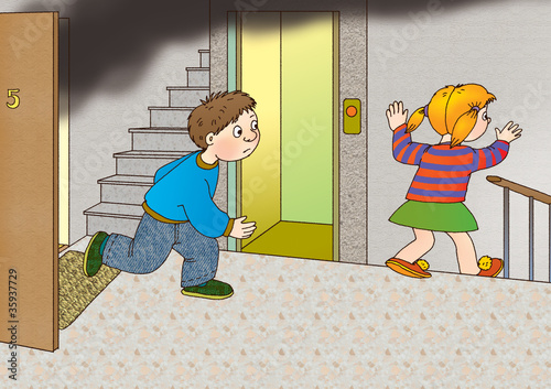 Illustration: Children run out of the burning apartment Children run out of the burning apartment