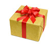 Goldene Geschenkpackung mit roter Schleife
