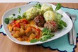 beef meat collops with  stewed vegetable and mashed potatoes