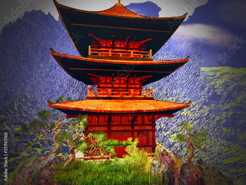 Illustration: Buddhist temple in mountains Buddhist temple in mountains