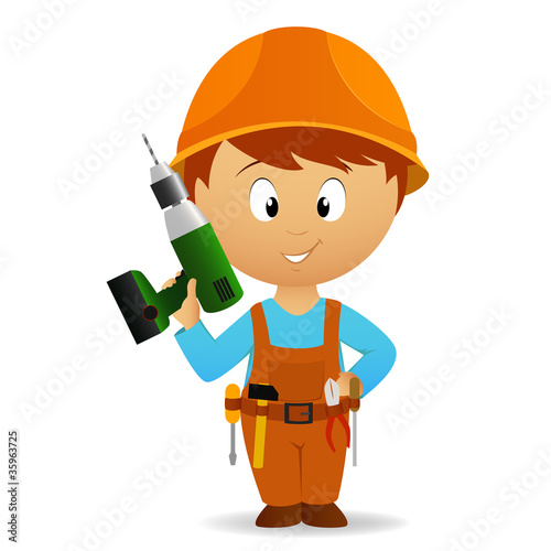 Vector: Cartoon handyman with tools belt and drill Cartoon handyman with tools belt and drill