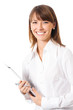 Photo : Businesswoman with blue folder, isolated