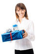 Business woman with gift, isolated