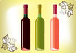 Set of red, white and rose wine bottles on the old papper.