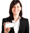 Beautiful businesswoman showing a blank greeting card