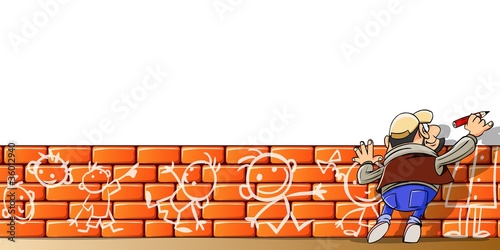 Illustration: man writing something on the white wall man writing something on the white wall