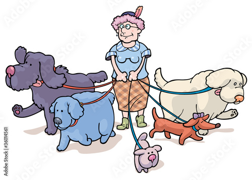 Vektor: The old woman is walking with the dogs The old woman is walking with the dogs