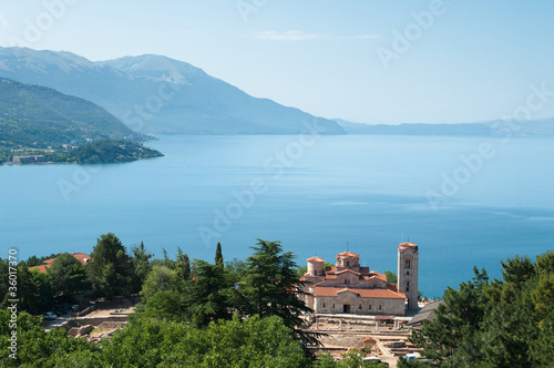 high view of Sveti Kliment Church on majestic Ohrid lake, Republic of Macedonia  