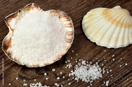 Photo: Coarse sea salt in scallop shell Coarse sea salt in scallop shell