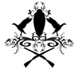vector hunting emblem with flying ducks and floral decoration