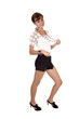 Girl in shorts and blouse.