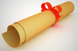 Ancient paper scroll with red stripe and bow.