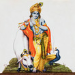 image of hindu god  Krishna with cow, peacock , flute