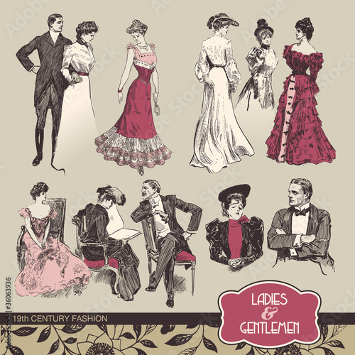 Vector: Ladies and gentlemen 19th century fashion Ladies and gentlemen 19th century fashion
