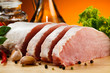 Raw pork on cutting board and vegetables