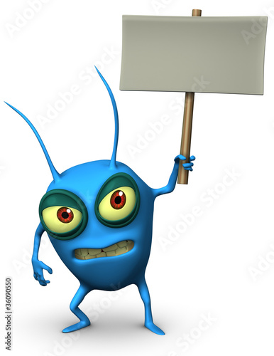 Illustration: blue virus holding placard blue virus holding placard