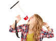 teenage girl shouting through megaphone white background