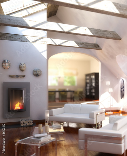 Illustration: Loft designed with a fireplace (focused) Loft designed with a fireplace (focused)
