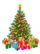 decorated christmas tree, presents, isolated on white decorated christmas tree, presents, isolated on white