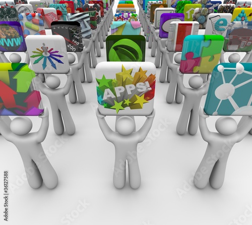Illustration: App Developers Present Apps for Sale in Software Store App Developers Present Apps for Sale in Software Store