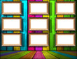 Illustration: Nine Blank Frames in Multicolored Wooden Room Nine Blank Frames in Multicolored Wooden Room