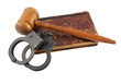 Judge's gavel and handcuffs on old legal book isolated
