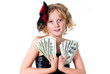 young girl holing a bunch of bills isolated on white background