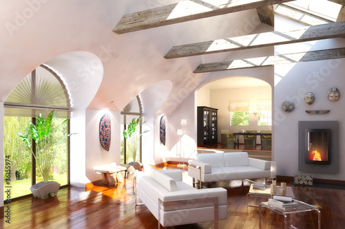 Illustration: Loft designed with a fireplace Loft designed with a fireplace