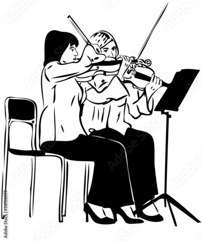 Illustration: a Sketch of two girls playing on the fiddle a Sketch of two girls playing on the fiddle