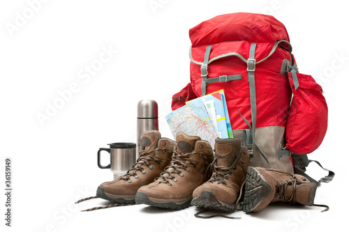 Foto: hiking equipment. Concept for family hiking hiking equipment. Concept for family hiking