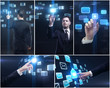 Set of business man and hands pushing a button