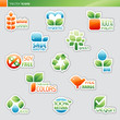 Collection of diet labels and healthy food symbols.