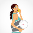 Illustration: jolie fille au régime portant une balance et croquant une pomme jolie fille au régime portant une balance et croquant une pomme