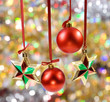 Photo: Christmas balls and stars on the color background Christmas balls and stars on the color background