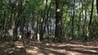 young man and woman walking among trees in forest