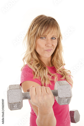 Photo: woman pink curl weight close woman pink curl weight close