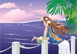 Vector: Girl on tropical sea side looking sunset Girl on tropical sea side looking sunset