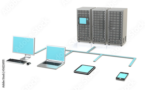Illustration: 3 Server Racks, Workstation, Laptop, touch pad and smart phone 3 Server Racks, Workstation, Laptop, touch pad and smart phone