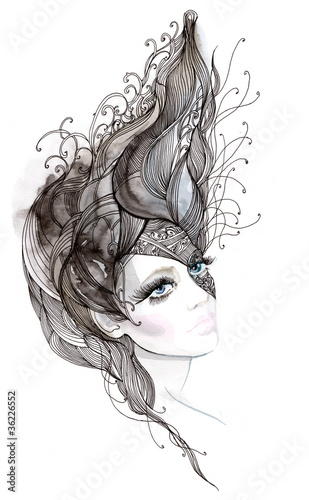 Illustration: Beautiful woman with ornate hair (series C) Beautiful woman with ornate hair (series C)