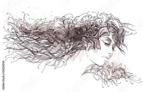 Illustration: Beautiful woman with hair ornate with flowers (series C) Beautiful woman with hair ornate with flowers (series C)