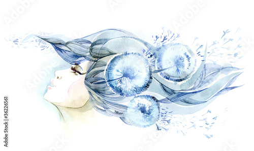 Illustration: Beautiful woman with hair ornate with dandelions (series C) Beautiful woman with hair ornate with dandelions (series C)
