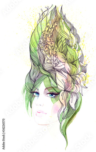 Illustration: Beautiful woman with hair ornate with flowers (series C) Beautiful woman with hair ornate with flowers (series C)