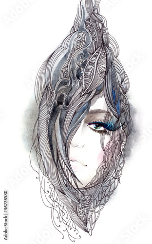 Illustration: Moman with ornate hair like inside the shell (series C) Moman with ornate hair like inside the shell (series C)