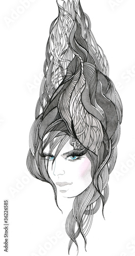 Illustration: Beautiful woman with ornate hair (series C) Beautiful woman with ornate hair (series C)