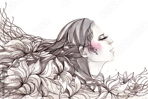 Illustration: Beautiful woman with hair ornate with flowers (series C) Beautiful woman with hair ornate with flowers (series C)