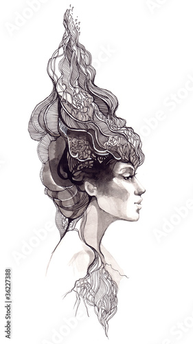 Illustration: beautiful woman with ornate hair beautiful woman with ornate hair