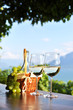 Wine and grapes against Geneva lake. Lavaux region, Switzerland