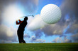 Silhouette of the golfer with flying ball