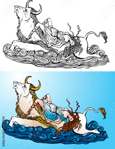 Vektor: Greek myth: The Abduction of Europa by Zeus Greek myth: The Abduction of Europa by Zeus