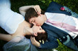 Romantic kiss bride and groom